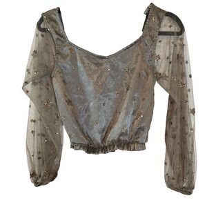 Mia Joy Joyfolie Womens XS Star Glitter Mesh Balloon Sleeve Crop Top Grey Gold
